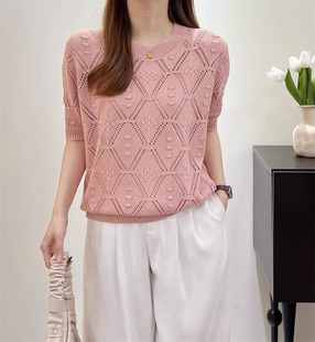 短袖t恤女粉色针织衫2023镂空蝙蝠袖夏季薄款韩版宽松上衣女