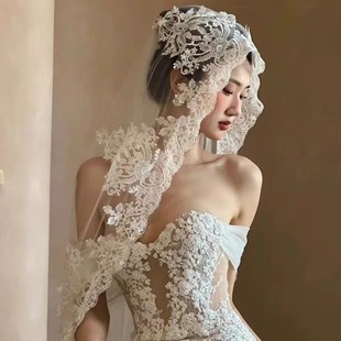 新娘主婚纱头纱长款拖尾珍珠蕾丝复古简约森系网红拍照道具头纱