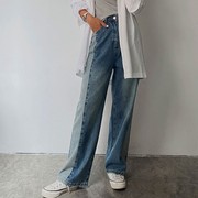 韩国东大门女装2022秋季拼接撞色宽松高腰牛仔裤长裤子