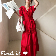 Findit法式V领透气绵绸连衣裙 修身显瘦白色 夏季红色长裙女