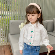 女童春秋甜美刺绣娃娃领衬衫2024年法式上衣绝搭牛仔喇叭裤