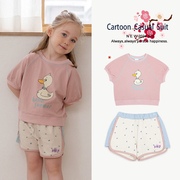 韩国童装ins风婴儿宝宝女童粉色鸭子糖果短裤套装