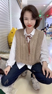 V领单排扣纯色针织衫马甲女+长袖衬衫两件套装韩系减龄坎肩背心女