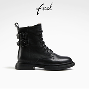 fed厚底马丁靴女冬季靴子，真皮短靴黑色机车靴女款r1128-zf081