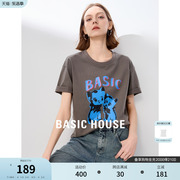 Basic House/百家好宽松百搭短袖T恤2024夏季猫咪印花女上衣