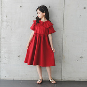 2023新夏季(新夏季)女童红色女童，连衣裙中大童波浪，边宽松短袖裙韩版学生裙