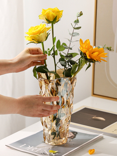 北欧轻奢水晶玻璃花瓶透明客厅酒店插花玫瑰百合，鲜花装饰花器摆件