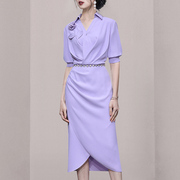 夏季女装2023气质浅紫色修身收腰显瘦衬衫连衣裙长裙包臀裙子
