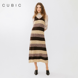 CUBIC简约休闲背心式条纹撞色针织连衣裙