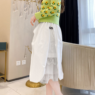 欧洲站2022夏女装(夏女装)时髦洋气拼网纱压褶，花苞设计感灯笼裙半身裙