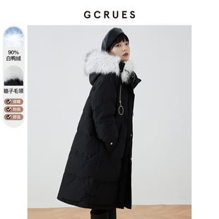 gcrues黑色派克服羽绒服，女中长款2023大毛领，冬季厚美拉德外套