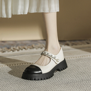厚底英伦风小皮鞋女2024春季白色，粗跟浅口单鞋法式玛丽珍鞋子