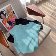湖蓝色正肩短袖t恤女装，2023夏季美式复古潮牌纯棉体恤上衣服