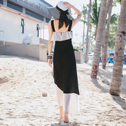 雪纺连衣裙女夏季显瘦黑白，撞色吊带裙不规则气质沙滩裙海边度假裙