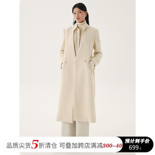 piecebypiece冬季纯羊毛白色，粗花呢深v领大衣女士加厚宽松外套