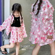 女童韩版花朵防晒套装2023夏装宝宝洋气两件套儿童长袖短裤薄