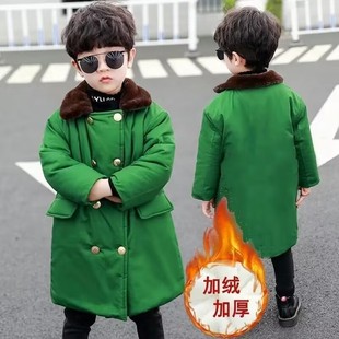 儿童军绿色大衣加棉加厚中长款男童外套东北军绿棉衣加绒冬季宝宝