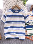 男童纯棉短袖t恤2023夏季儿童海军风圆领条纹，体恤中大童半袖t上。