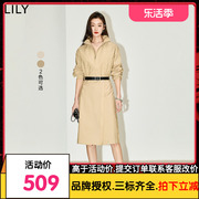 lily2024夏女装(夏女装)时尚，都市通勤款纯色显瘦长款，高腰风衣式连衣裙