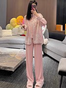 新中式国风套装女春秋高级感重工丝绒亮片外套高腰直筒长裤两件套