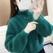 水貂绒半高领短款毛衣女，冬季2023韩版宽松墨绿显瘦洋气打底衫