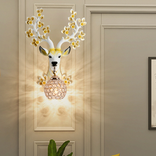 招财鹿头壁灯客厅电视背景墙，美式床头卧室，玄关欧式鹿角灯装饰灯具