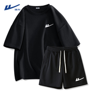 回力运动套装男夏季纯棉重磅黑色，短袖短裤2024品牌两件套男士