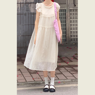 法式气质杏色小飞袖连衣裙女夏季小个子设计感仙女雪纺长裙子