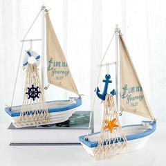 地中海实木制帆船模型摆件蓝白帆布船家居装饰摆设一帆风顺工艺品