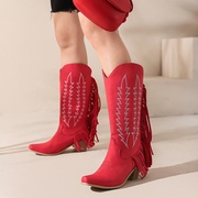 大红玫红色靴子，欧美时尚粗跟高跟高筒靴，绒面流苏靴大码女靴xw