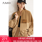 Amii2024春oversize宽松棒球服女拼色灯笼袖皮牌短外套女