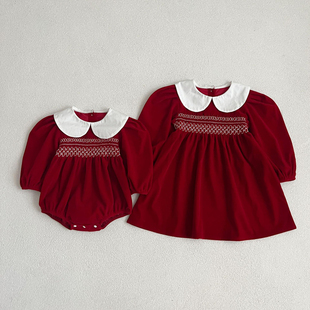 姐妹装女一大一小儿童秋装女童连衣裙红色丝绒公主裙百天婴儿衣服