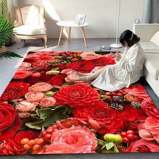 玫瑰客厅地毯卧室床边毯满铺大面积沙发茶几垫浪漫红色花瓣飘窗毯