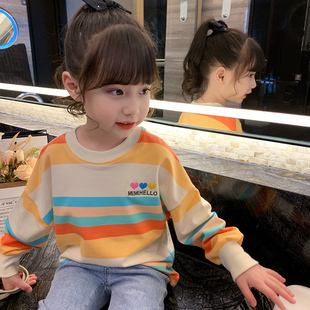女童t恤洋气女孩春秋卫衣，圆领条纹长袖衫，2024韩版中大童上衣