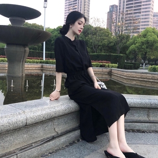 裙子女长款初秋夏季显瘦气质，长裙高级感雪纺，赫本风中袖黑色连衣裙