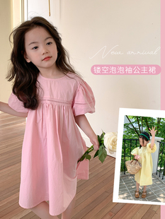 女童夏季连衣裙韩版纯色蕾丝镂空公主裙儿童宝宝，甜美泡泡袖长裙子