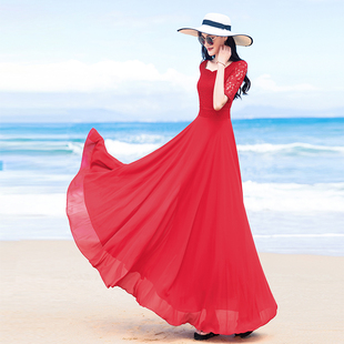 大红色雪纺连衣裙2024气质显瘦长款大摆波西米亚，沙滩长裙女夏