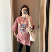 孕妇短袖t恤卡通动漫纯棉，粉色夏季韩版宽松中长款上衣打底衫