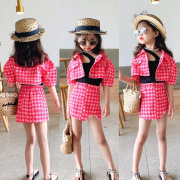 女童时尚套装夏季韩版洋气粉色，包臀裙两件套牛仔短款小外套潮