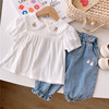 韩版可爱宝宝短袖衬衫女白色女童娃娃领上衣纯棉婴儿打底衫衣服