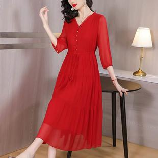 年桑蚕丝衣裙女夏季仙女气连宽松显瘦红色，真丝质雪纺裙