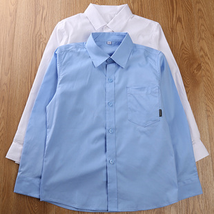 儿童衬衫男童春秋装长袖，纯蓝色白色，衬衣中小学生校服领翻男生学院