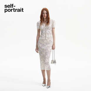 self-portrait 2024春夏象牙白V领蕾丝连衣裙白月光裙