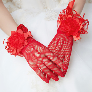 2019新娘手套短款结婚礼服，手袖红色韩式全指婚纱手套白色夏季