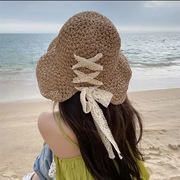 蕾丝蝴蝶结草帽女遮阳帽夏季可折叠大檐太阳帽海边度假沙滩帽