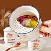陶瓷马克杯复古仿搪瓷杯怀旧经典，带滤网杯子，带盖搪瓷茶缸水杯茶杯