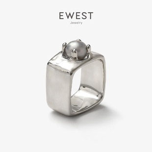 ewest艺未灰色珍珠高级感银戒指女小众，设计感宽尾戒中指食指戒男