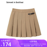 bread n butter同款青春学院风纯色短裙拼皮装饰百褶A字裙