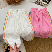 女童裤子夏薄款冰丝长裤，宝宝防蚊裤小童，时尚粉色白色宽松灯笼裤潮