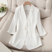 夏季雪纺小西装女中长款薄外套七分袖，白色西装垂感百搭韩版显瘦潮